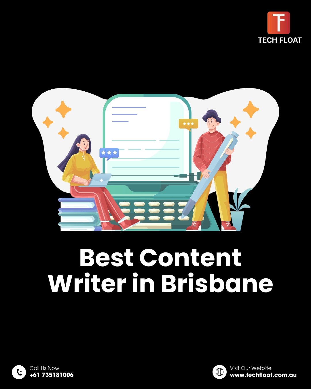 Tech Float graphic promoting the Best Content Writer in Brisbane with illustration of writers and vintage typewriter